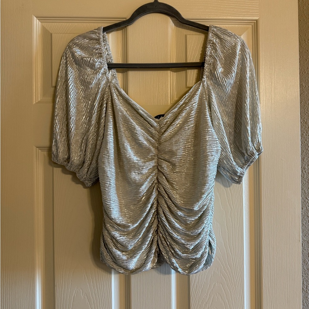 Lulu's Silver Ruched Puff Sleeve Blouse